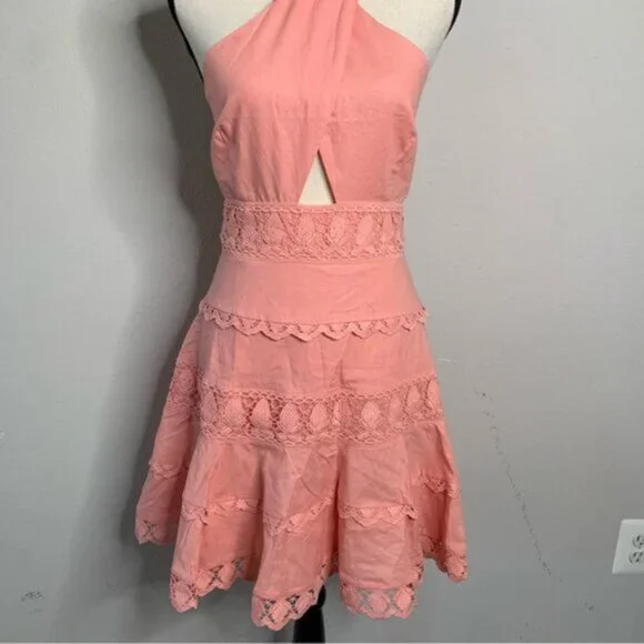 NWT Endless Rose Peach Halter Neck Lace Trim Mini Dress -  threedaughtersproperties.com